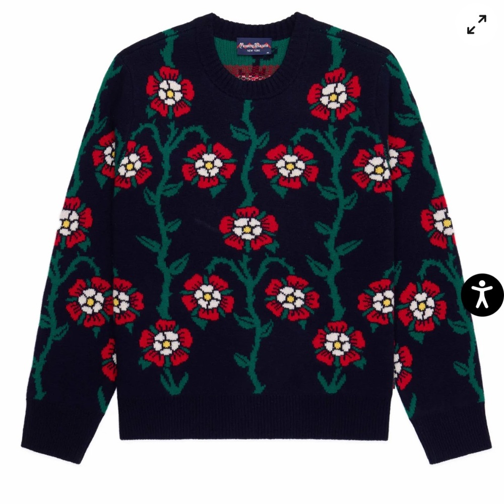 Rowing Blazers Babar Navy Wool Roses Floral Sweater